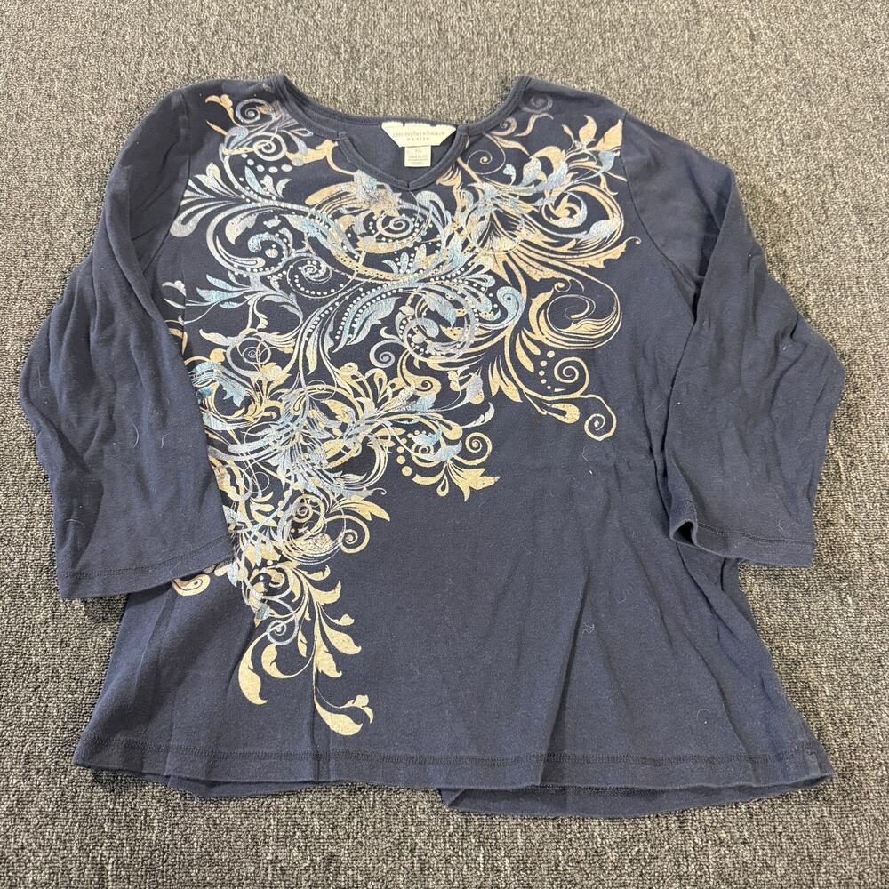 Vintage Y2k Paisley Print Grunge Navy Quarter Sleeve Women's Blouse Large